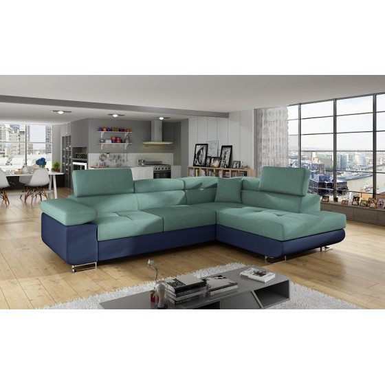 Canapé d'angle convertible BERGERAG avec têtières relevables tissus bleu turquoise et bleu